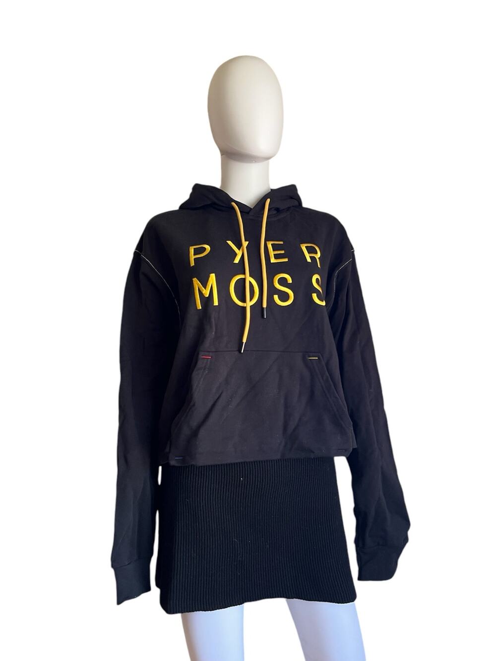 Pyer Moss Black Gold Cropped Logo Sweatshirt Hoodie Size Small